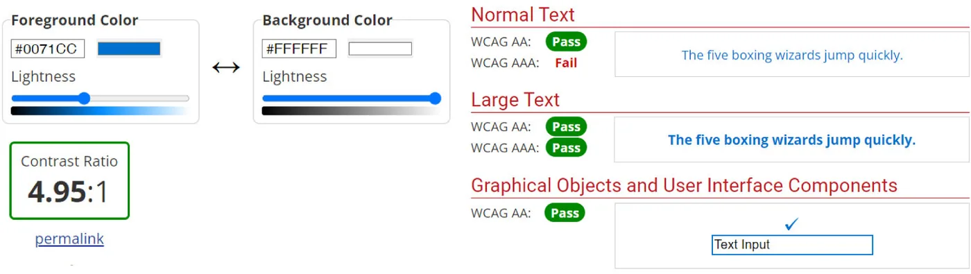 WebAIM check: #0071CC on white, ratio 4.95 to 1, passing WCAG AA for normal text and AA and AAA for large text