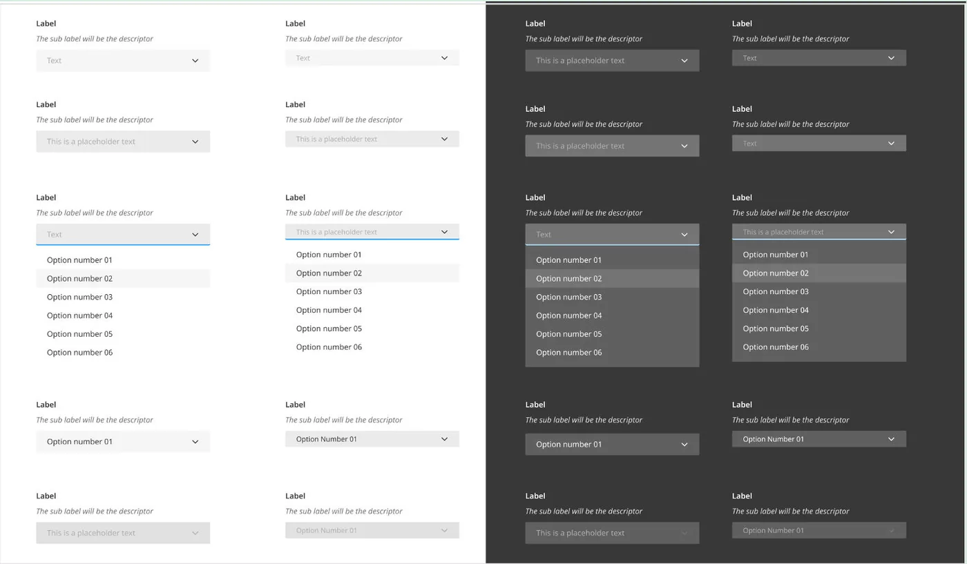 Dropdown states in light and dark