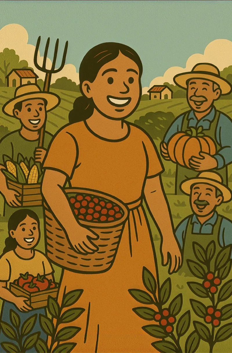 Illustration of a smiling coffee farmer with her community