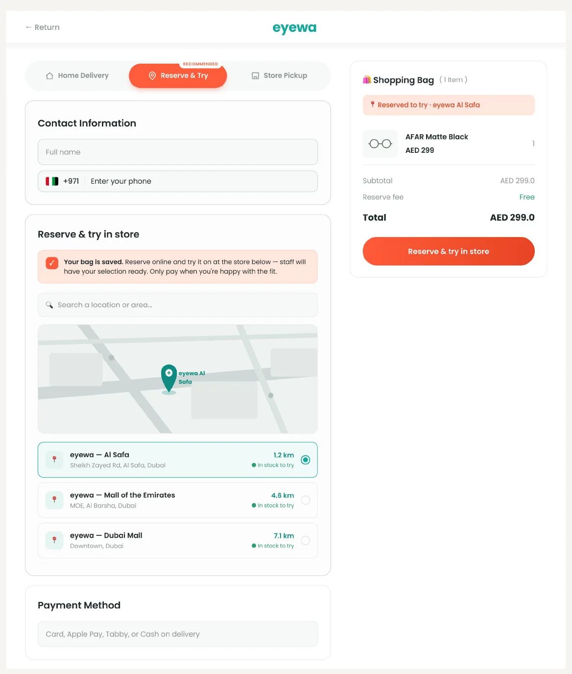 Checkout with a reserve and try in store option and nearby stores