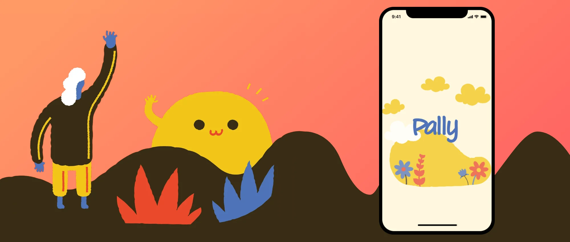 Pally illustration: a figure waving at a smiling sun beside a phone showing the Pally logo