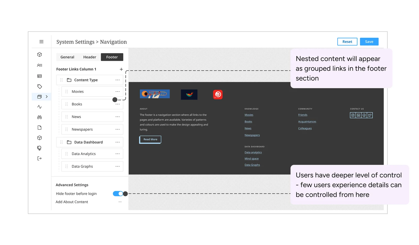 Navigation settings with nested footer link groups and a live footer preview