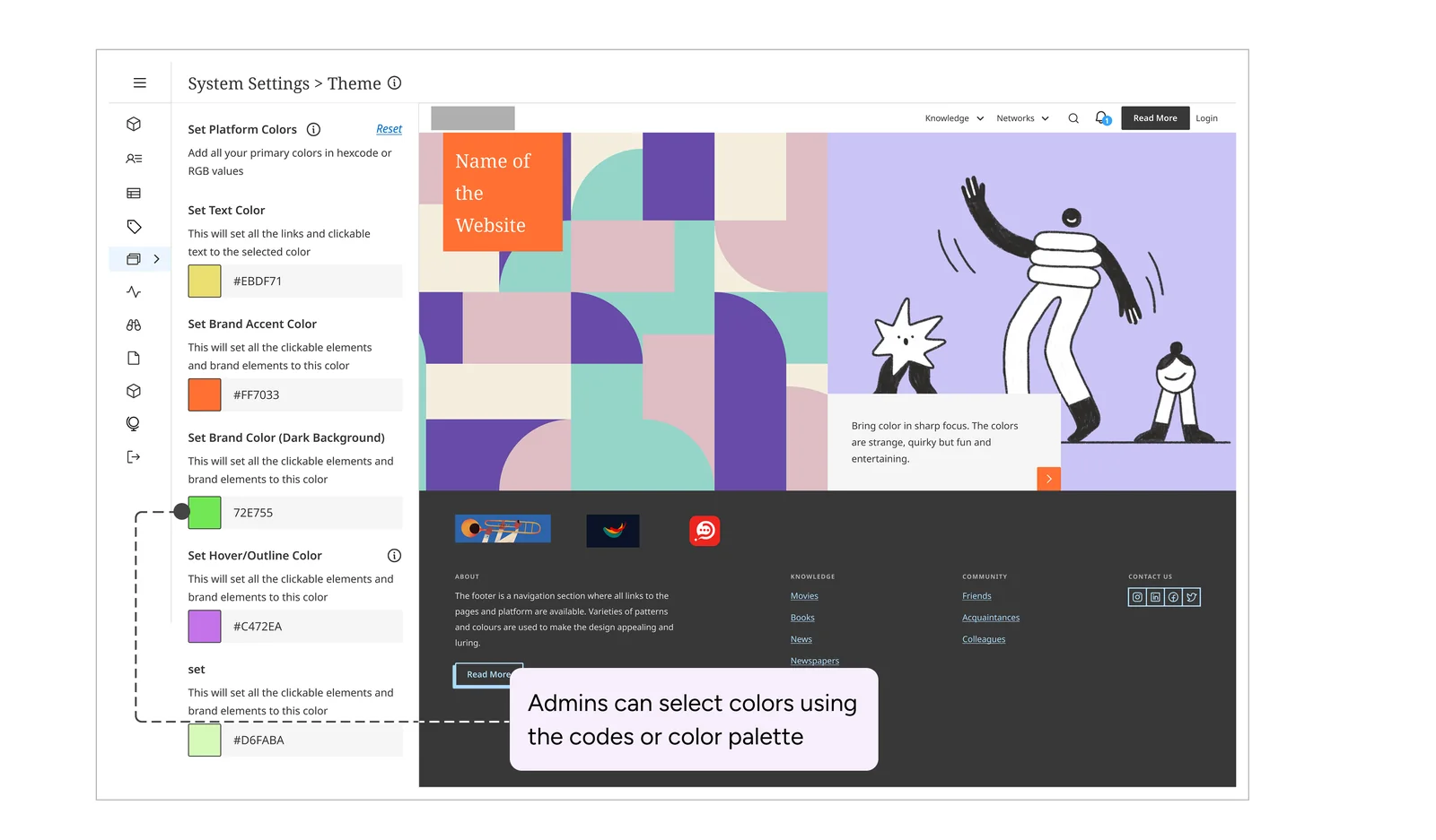 Theme settings with brand colour fields and a live site preview