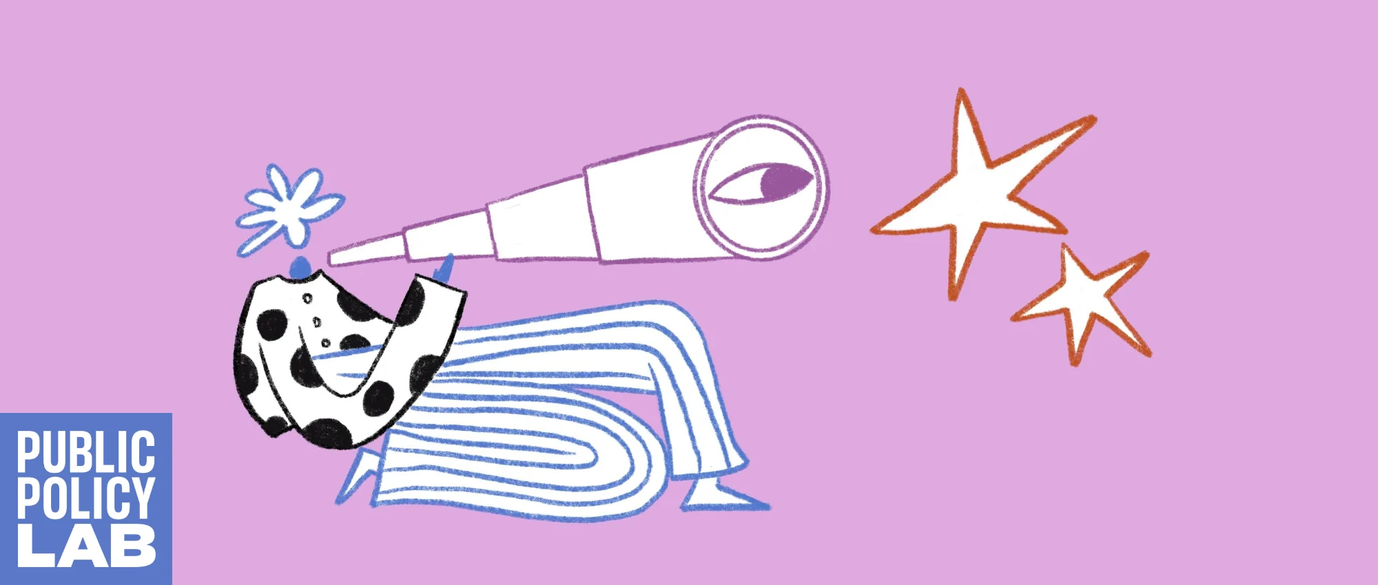Illustration of a person looking through a telescope at two stars, with the Public Policy Lab logo